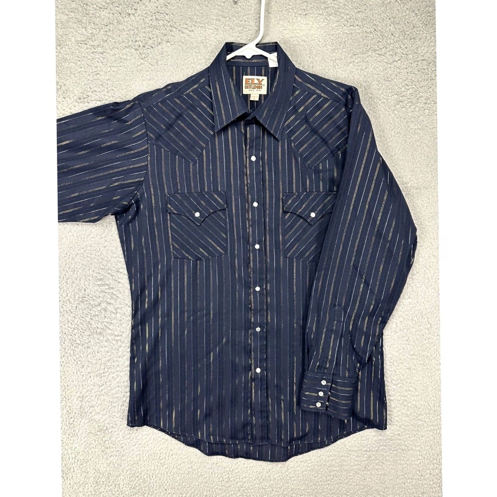 Vintage VINTAGE Elly Cattleman Shirt Mens Medium 15.5-33 Navy Dress Western Cowboy Pearl Snap Shirt Mens Medium Navy Western Pearl Snap Size 42R - 3 Thumbnail