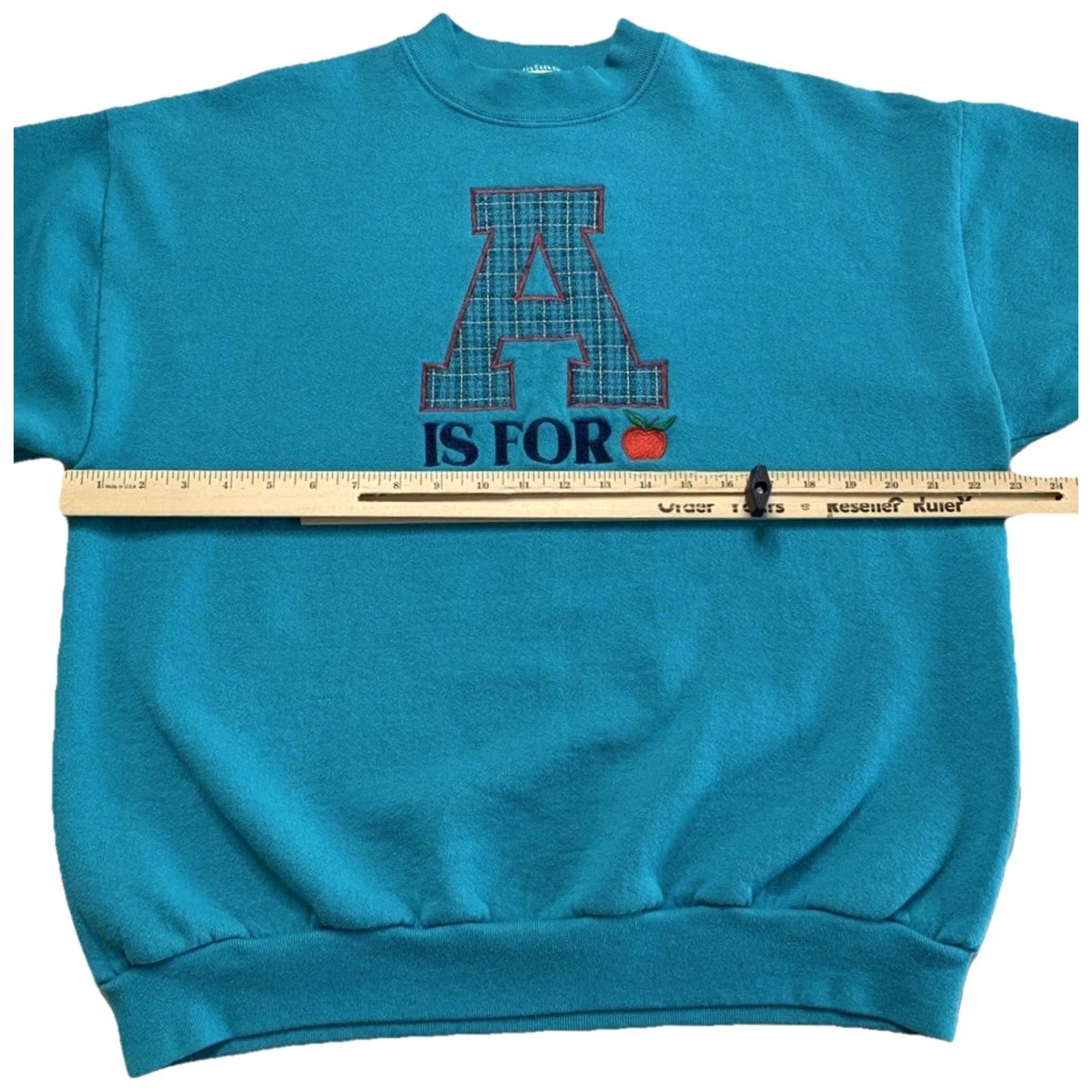 Fruit Of The Loom VINTAGE A is For embroidered Letter A Sweatshirt USA Fruit Of The Loom XL Teal Unisex Adults Crew Neck Long Sleeve Pullover 90s School Cotton Blend Size US XL / EU 56 / 4 - 4 Thumbnail