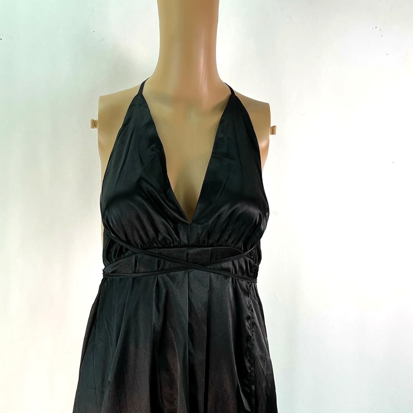 Shein Womens Shein Plunge Neck Crisscross Back Satin Black Dress XS Size Maxi Length 43 in Sleeve Halter Lace Accents Solid Color Designer Brand Shien Size XS / US 0-2 / IT 36-38 - 2 Thumbnail