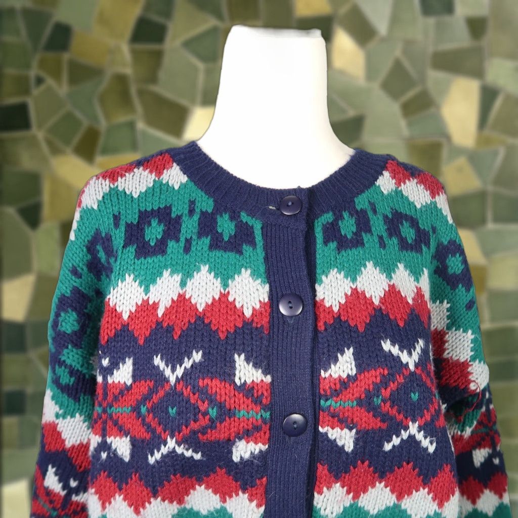 Vintage VINTAGE Persuasion Cardigan Sweater Geometric Knit Navy Blue Teal M Womens 90s Size M / US 6-8 / IT 42-44 - 1 Thumbnail