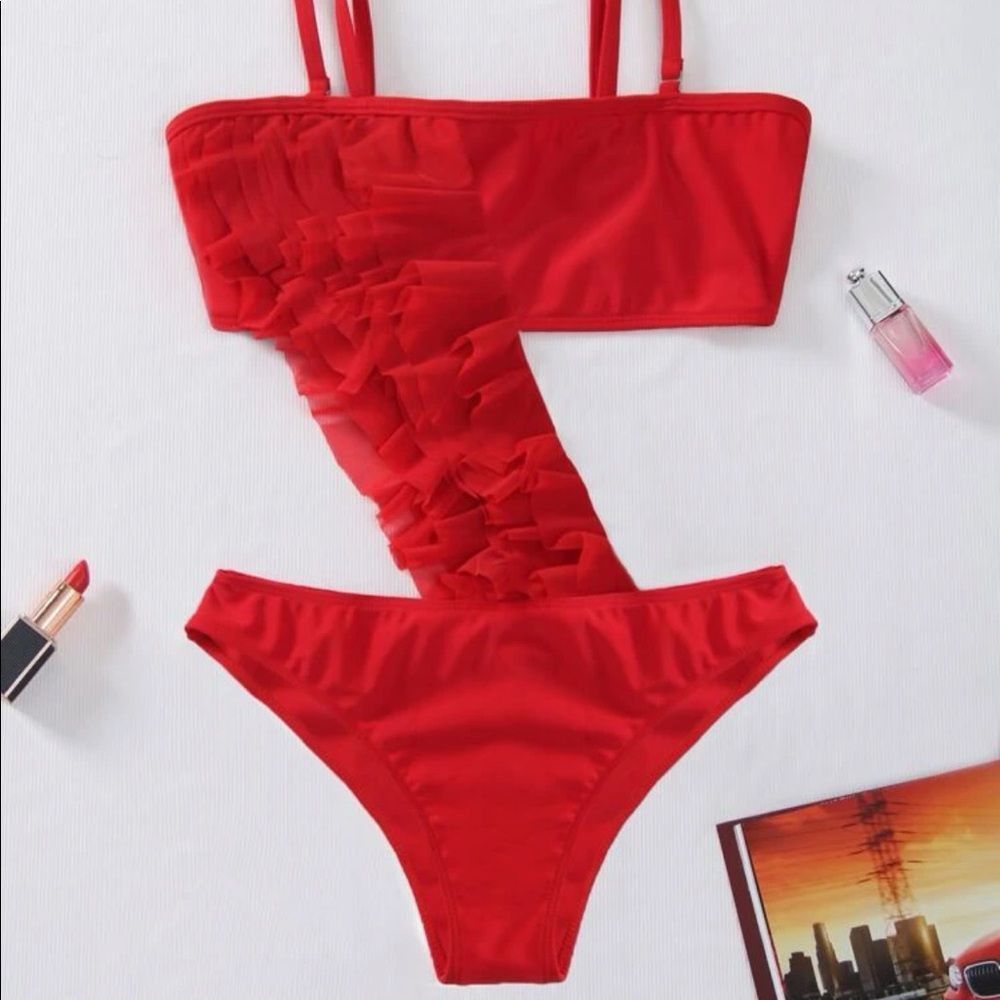 Other Red Ruffle One Shoulder Bikini Set Women’s Size L Swimwear Size ONE SIZE - 2 Thumbnail