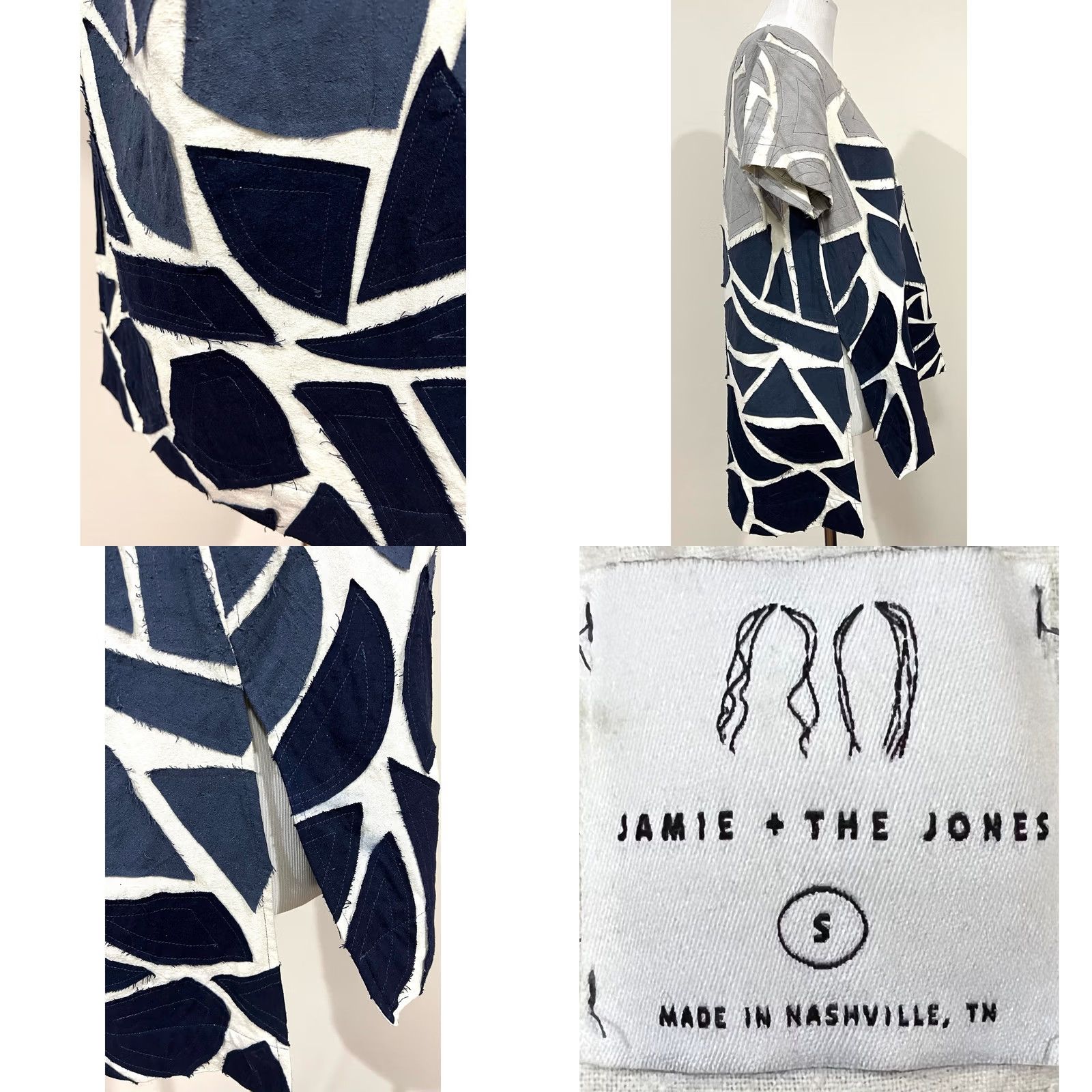 Vintage Jamie + The Jones Top Blouse Women S Silk Patchwork Gray Blue Geometric Short Sleeve Size S / US 4 / IT 40 - 9 Thumbnail