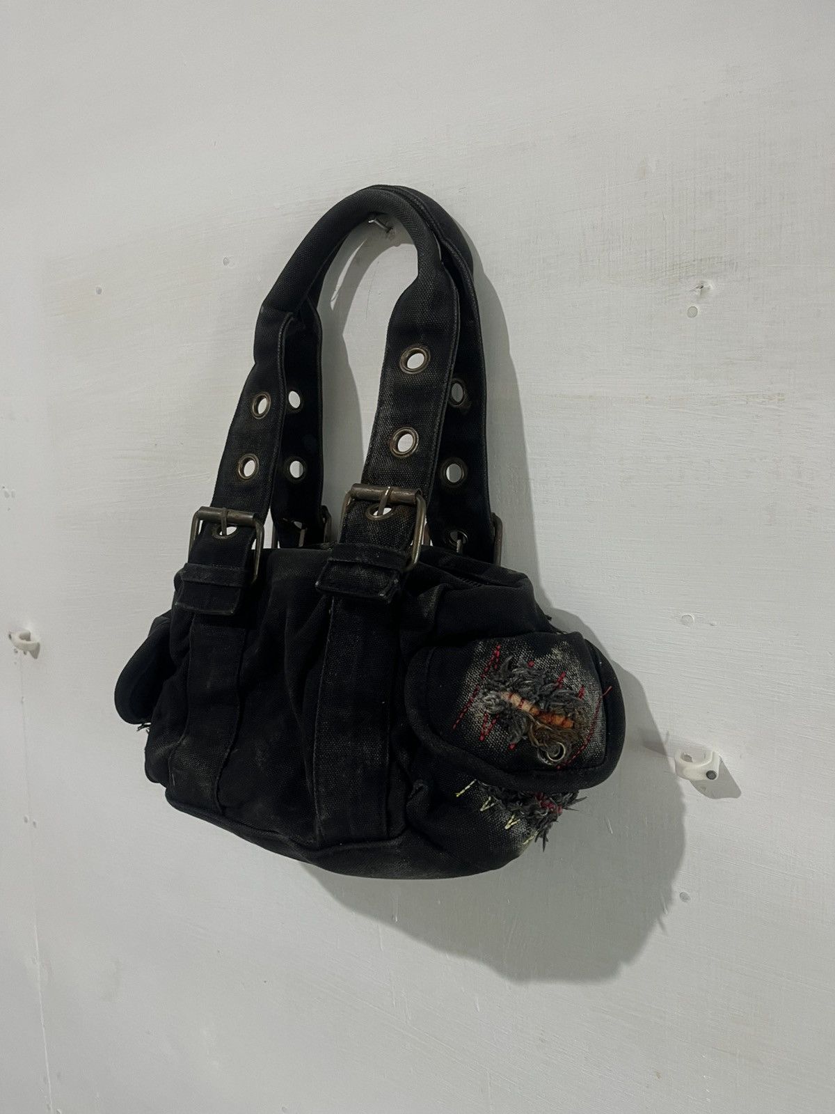 KMRii Y2K Grunge Punk Distressed Black Canvas Mini Handbag Size ONE SIZE - 6 Thumbnail