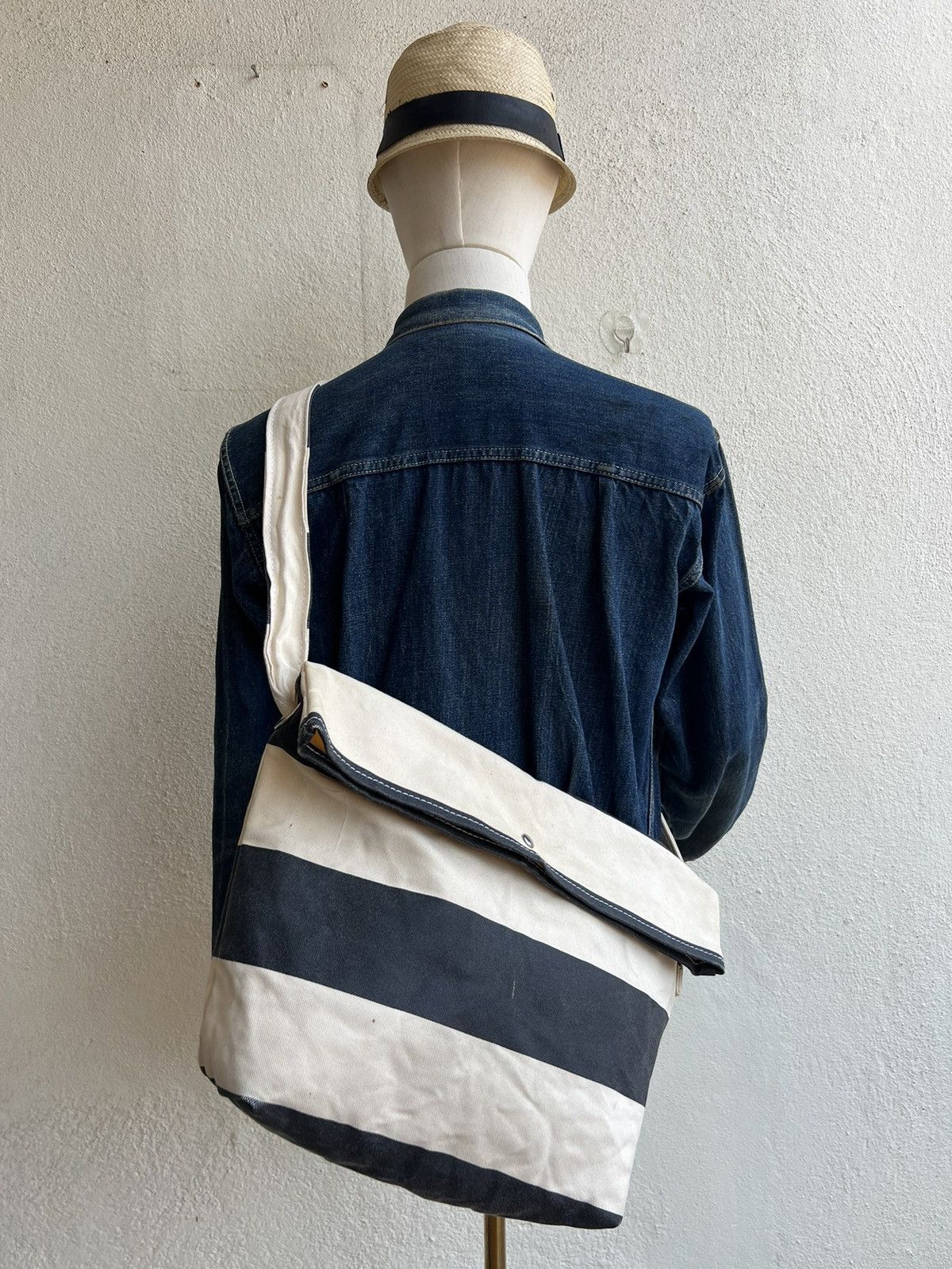 Vintage TEMBEA Japan Border Striped Waxed Canvas Cotton Bag Size ONE SIZE - 3 Thumbnail
