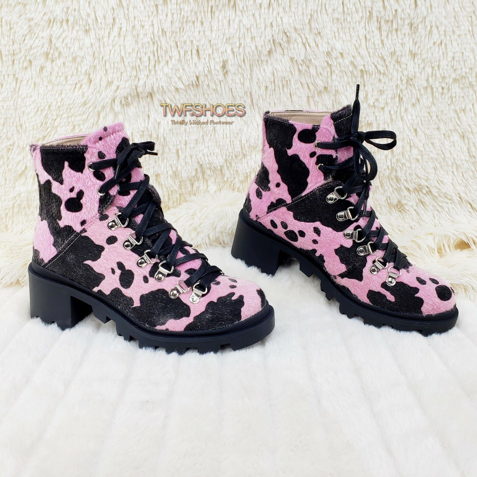 Other Kick Azz Lace Up Lug Sole Combat Ankle Boots Faux Fur Pink C Size US 6.5 / IT 36.5 - 1 Thumbnail