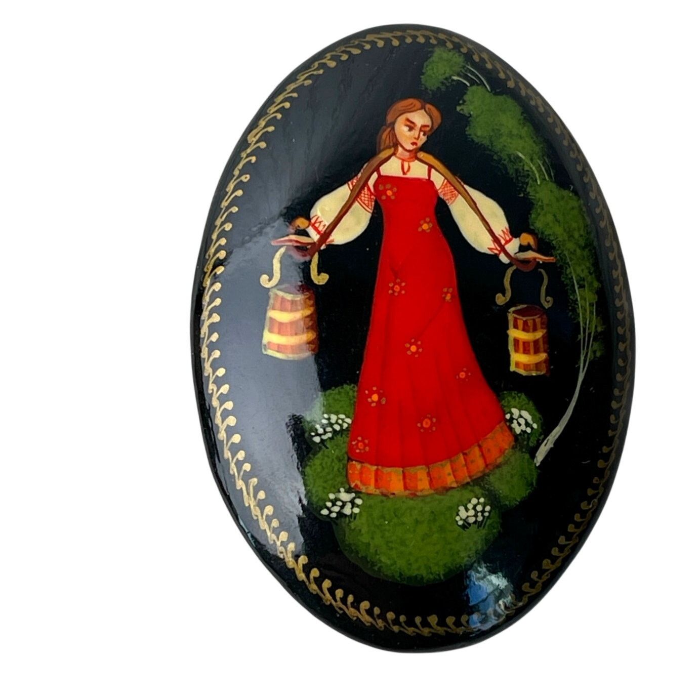 Vintage Russian Lacquer Brooch Hand Painted Signed VTG Folk Art Pin Size ONE SIZE - 1 Thumbnail