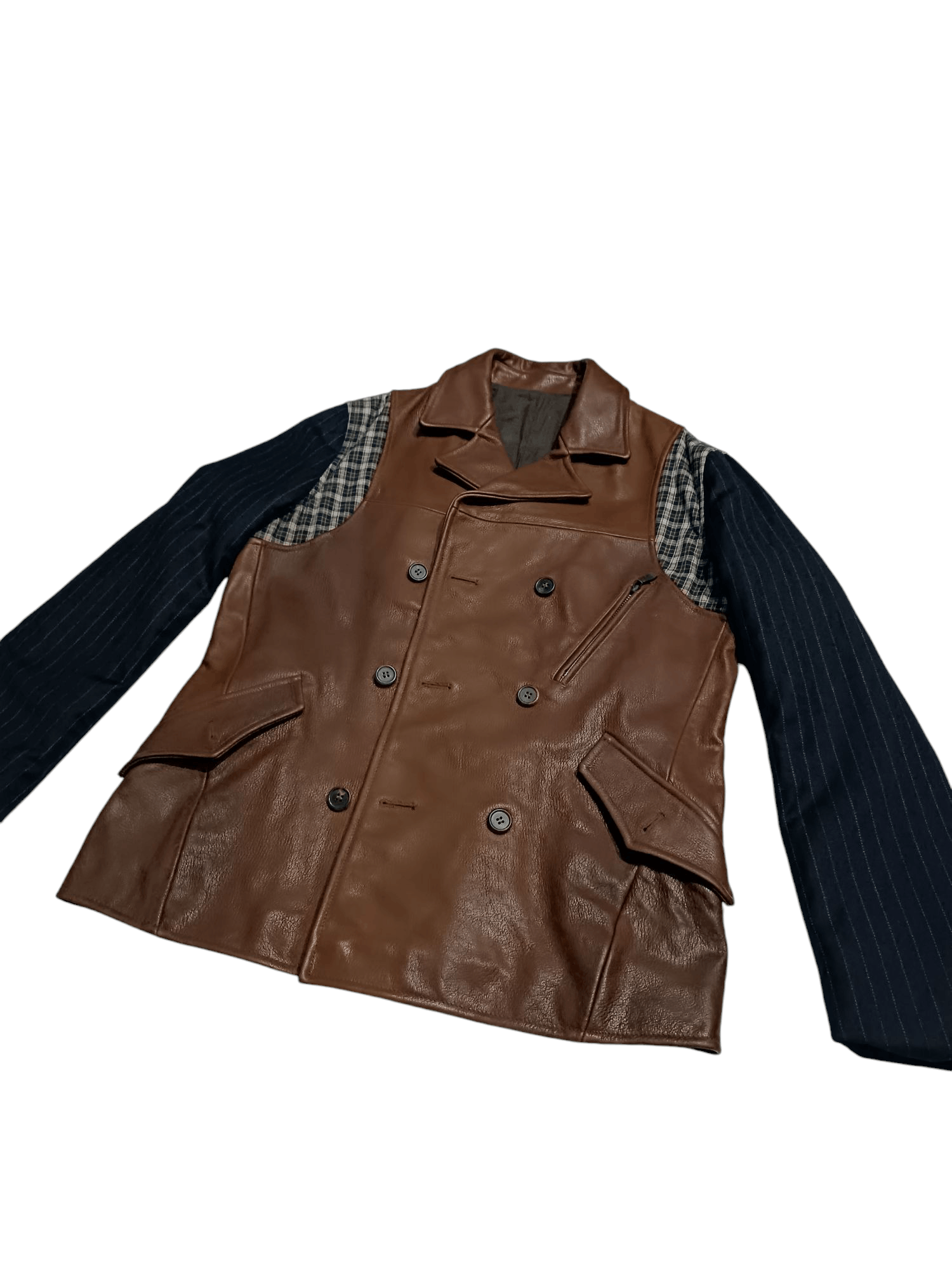 Leather × Other Brown Leather Combine Polyester Peacoat Double Breasted Size US L / EU 52-54 / 3 - 2 Thumbnail