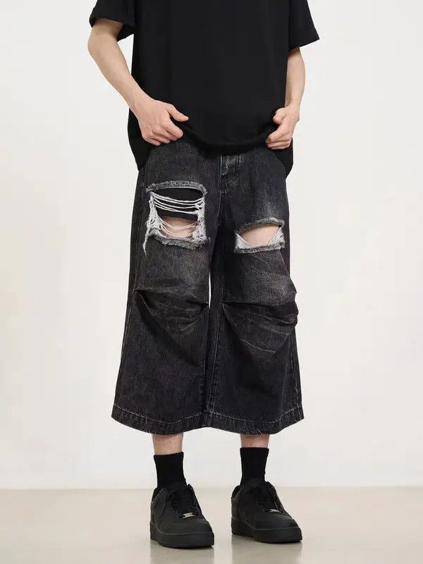 Japanese Brand VIBE Washed ripped and pleated black baggy denim shorts Size US 32 / EU 48 - 7 Thumbnail