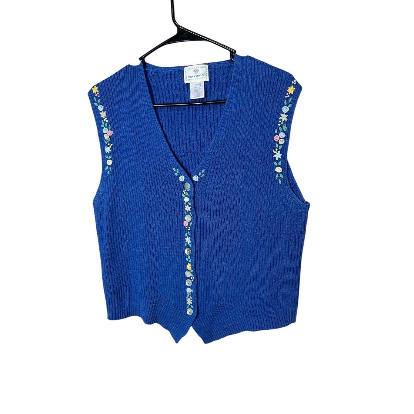 Other Vintage Susan Bristol Blue Flower Embroidered Sweater Vest S Size L / US 10 / IT 46 - 1 Thumbnail