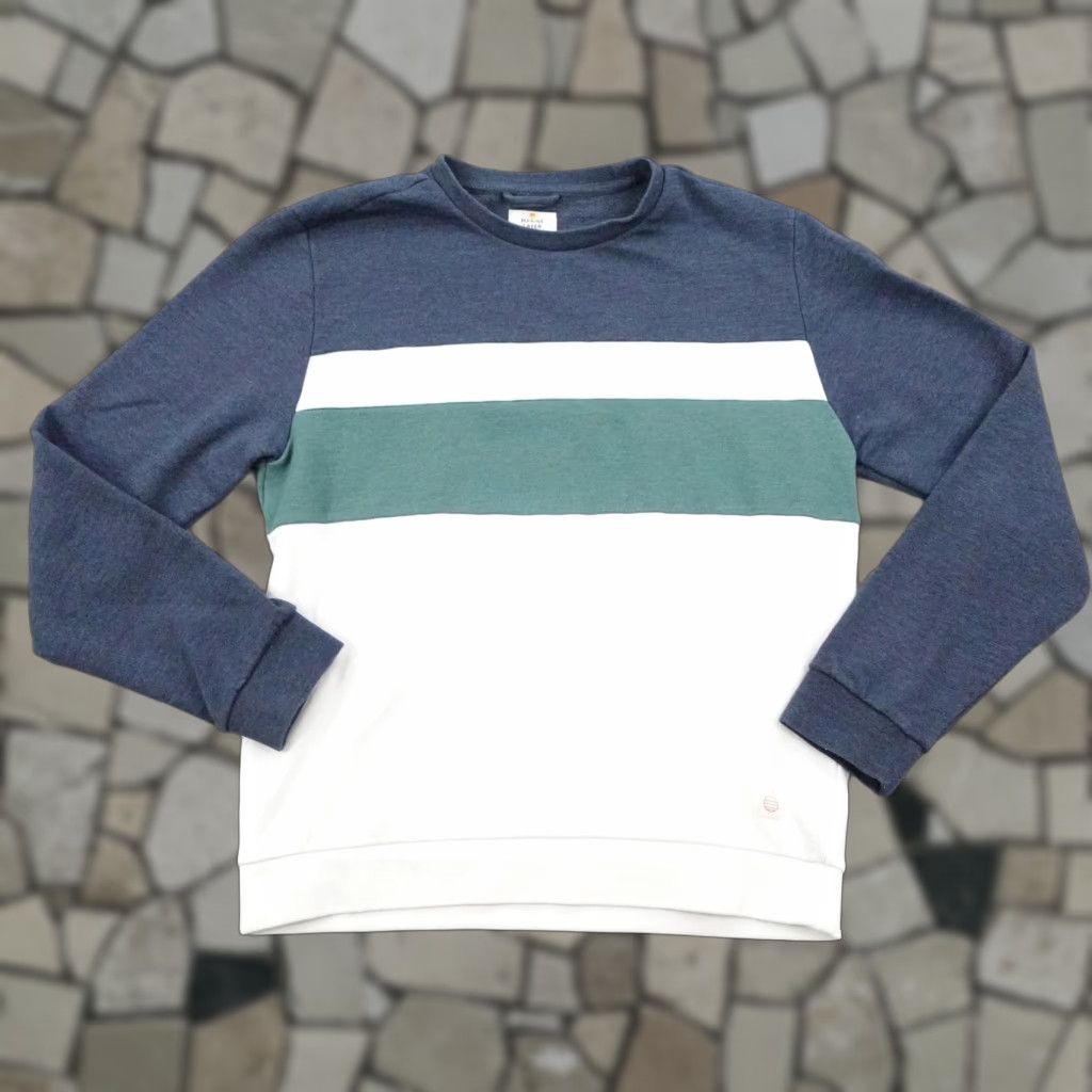 Marine Layer Sweatshirt Men M White Blue Green Colorblock Crewneck Pullover Pattern Striped Logo Fleece Cotton Polyester Vintage No