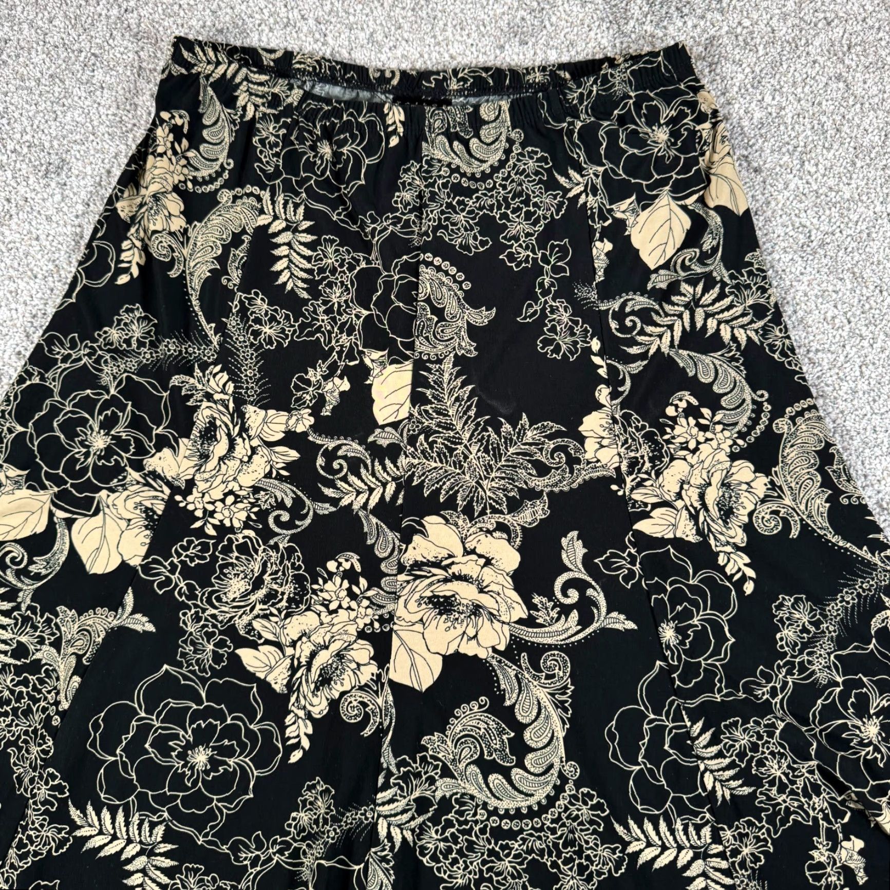 Vintage B. Moss Skirt Midi Women's M Black Paisley 90s Y2K Whimsigoth Workwear A-Line Elastic Waist Damask Baroque Size 32" / US 10 / IT 46 - 2 Thumbnail