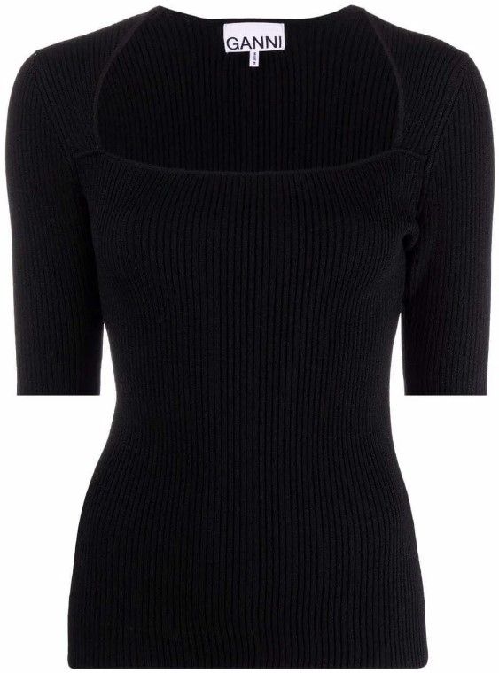 Ganni GANNI square-neck ballerina ribbed knit top in black. Size L Size L / US 10 / IT 46 - 3 Thumbnail