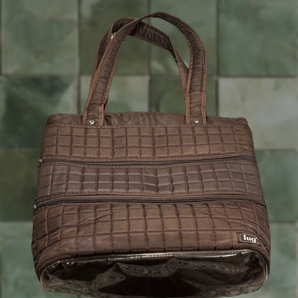 LUG Tote Bag Brown Quilted Travel Organizer - Double Handle, Pockets, Zip, Nylon Lining - Women, Large