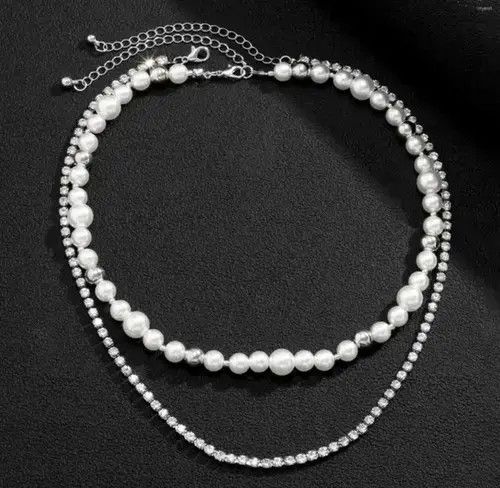 VIBE Unisex layered pearl chain shiny rhinestone tennis necklace Size ONE SIZE - 2 Thumbnail