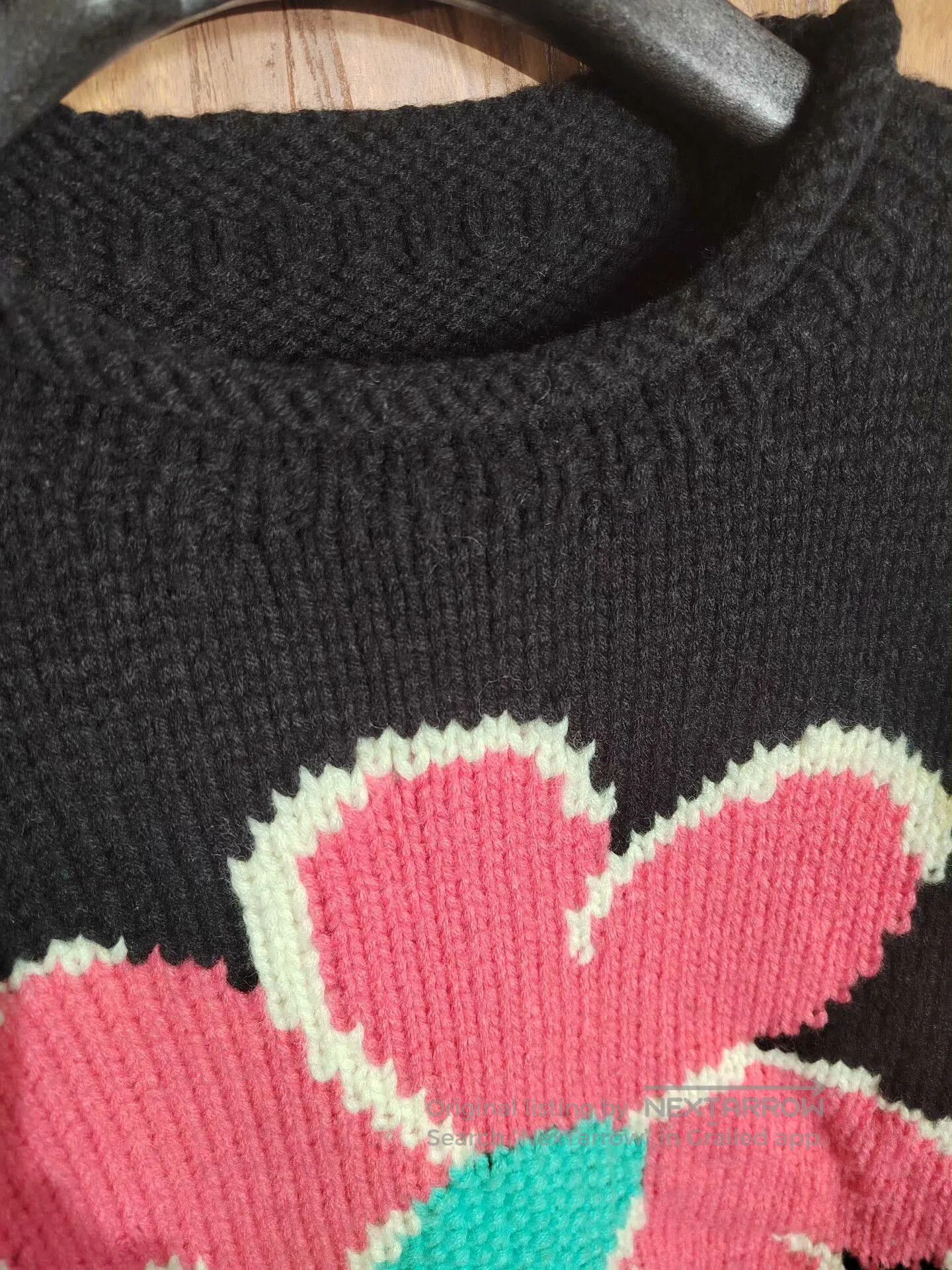 Japanese Brand Black Hand-Knitted Sweater with Pink Floral Design. Size L / US 10 / IT 46 - 3 Thumbnail
