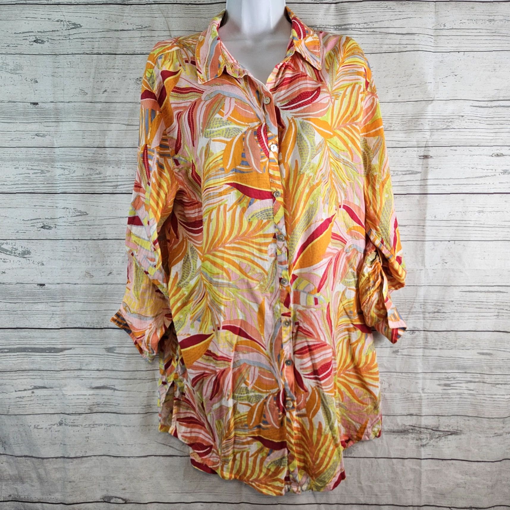 Vintage C&C California Womens Shirt Dress XL Pink Orange Long Sleeve Linen Rayon Size XL / US 12-14 / IT 48-50 - 2 Thumbnail