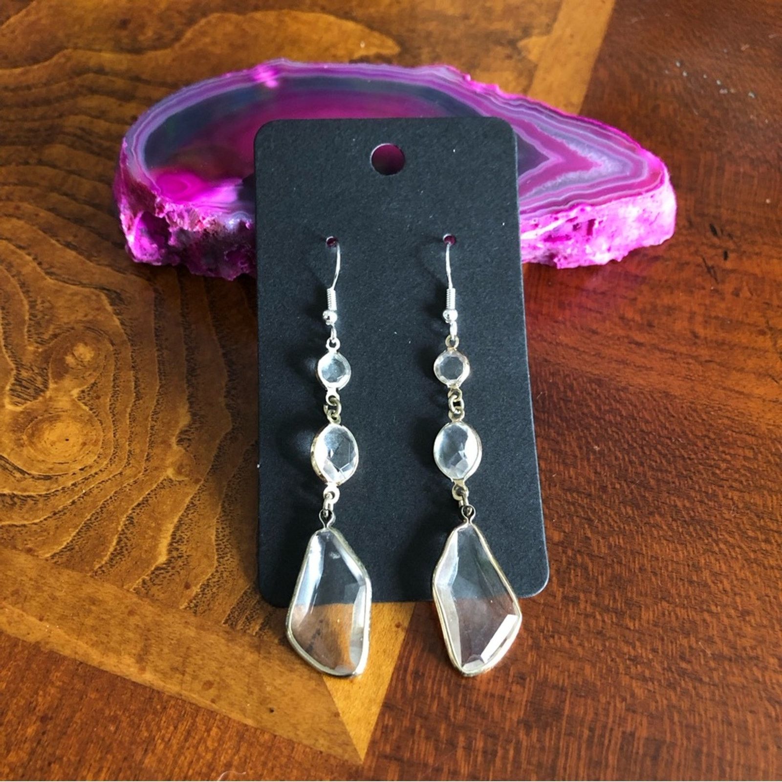 Jewelry Elegant faceted clear glass crystal long dangle earrings Size ONE SIZE - 1 Thumbnail