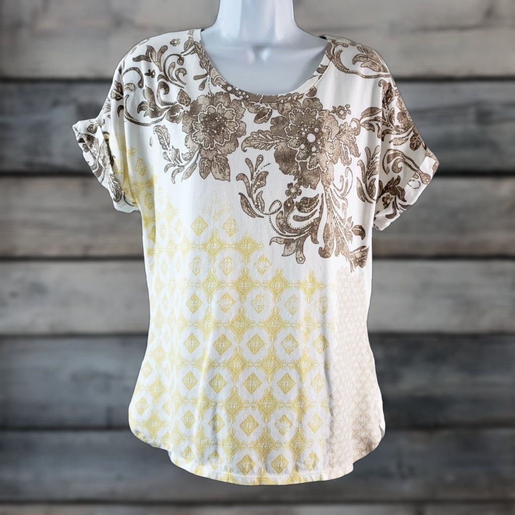 Vintage Chico's Zenergy Womens Top Sz M Brown Floral Embellished Short Sleeve T-Shirt Shirt Casual 90s Womens Size M / US 6-8 / IT 42-44 - 1 Thumbnail