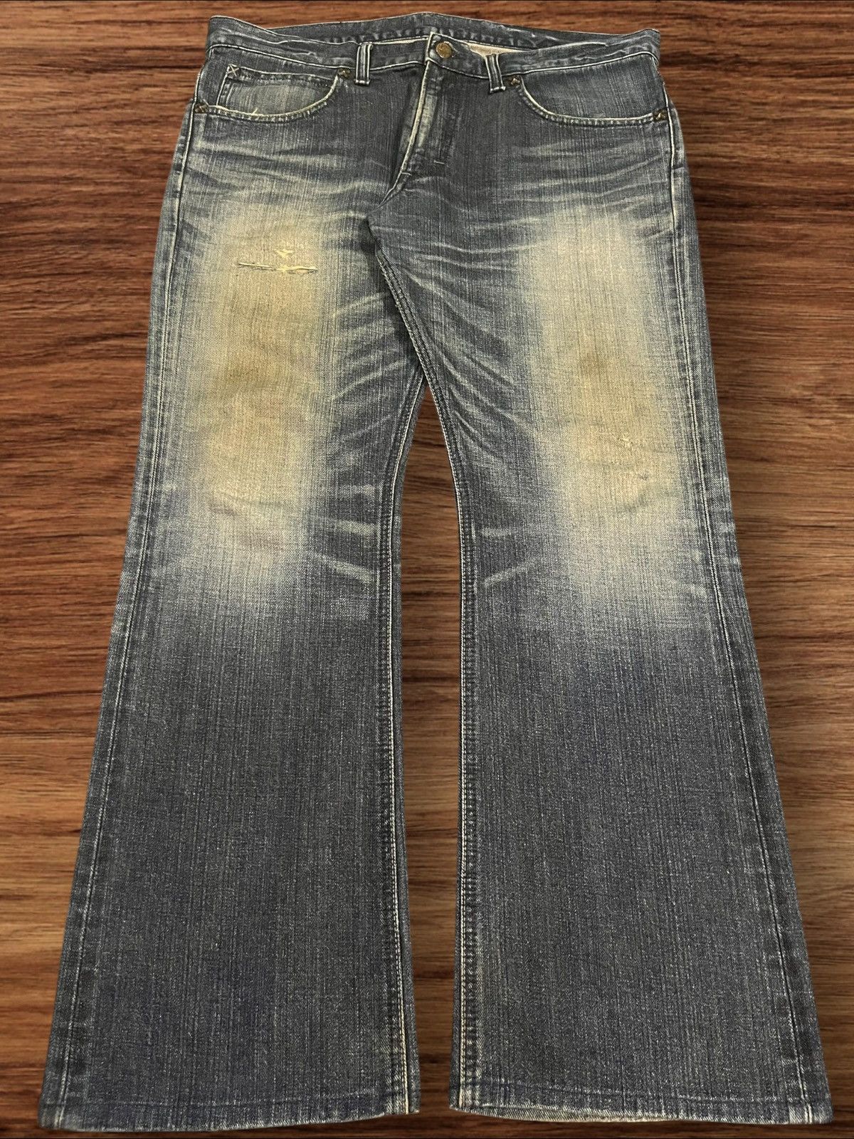 Lee × Vintage ⚡️Flare⚡️Vintage Lee Rider Dark Blue Washed Distressed Jeans Size US 36 / EU 52 - 1 Thumbnail