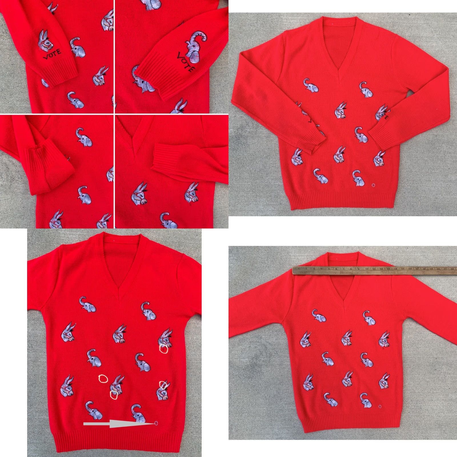 Vintage VINTAGE Donkey Elephant Vote V-Neck Sweater Long Sleeve Red Embroidered Pullover Women S Small Unbranded Knit Popover Size S / US 4 / IT 40 - 10 Thumbnail
