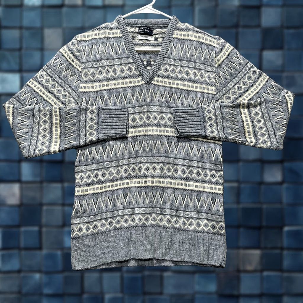 JCPenney VINTAGE JCPenney Sweater Mens XS Blue Geometric Knit Virgin Wool V-Neck 80s Pullover, Wool, Acrylic, Geometric, Blue, Vintage, 80s, Mens, XS Size US XS / EU 42 / 0 - 1 Thumbnail