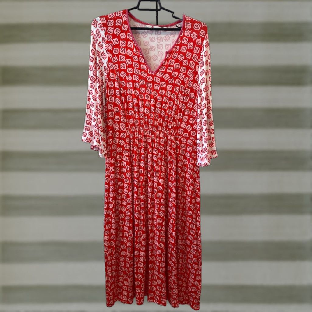 boden bella jersey dress BODEN Bella Jersey Midi Dress Womens Size 12 Bell Sleeve V-Neck Red Stretch  Casual 3/