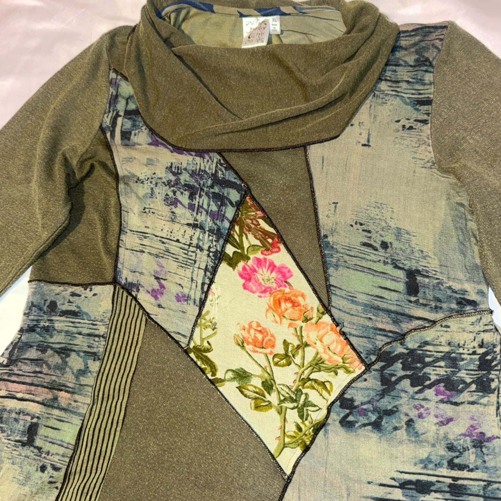 Olive Parsley & Sage Olive Patchwork Cowl Neck Tunic XL Bohemian Artsy Lagenlook Size XL / US 12-14 / IT 48-50 - 3 Thumbnail
