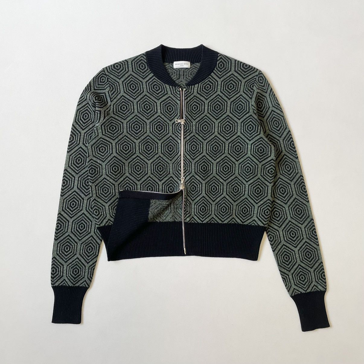Dries Van Noten Metallic Green Geometric Patterned Zip Cardigan Size S / US 4 / IT 40 - 4 Thumbnail
