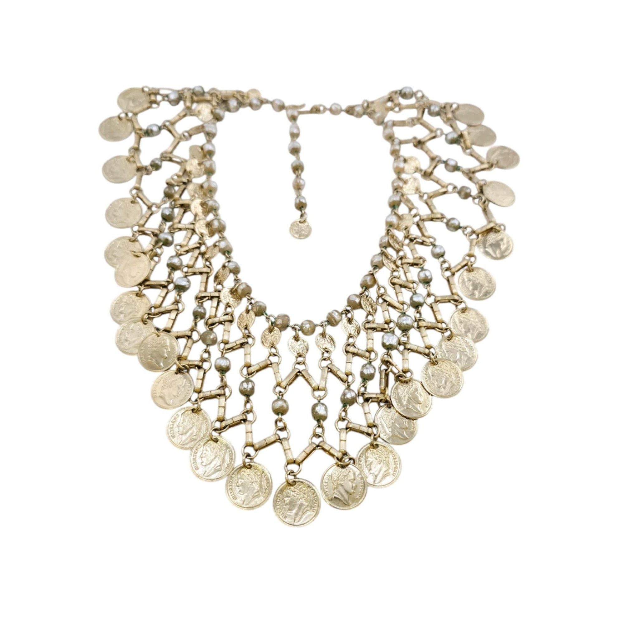 Vintage Vintage 80s Faux Pearl & Coin Bib Necklace (A7867) Size ONE SIZE - 5 Thumbnail