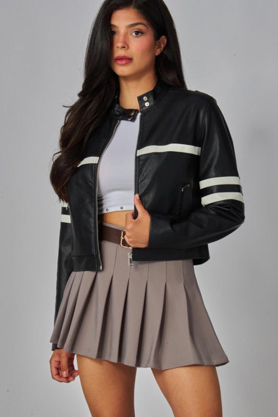 Other Faux Leather Racing Stripes Biker Jacket Size S / US 4 / IT 40 - 2 Thumbnail