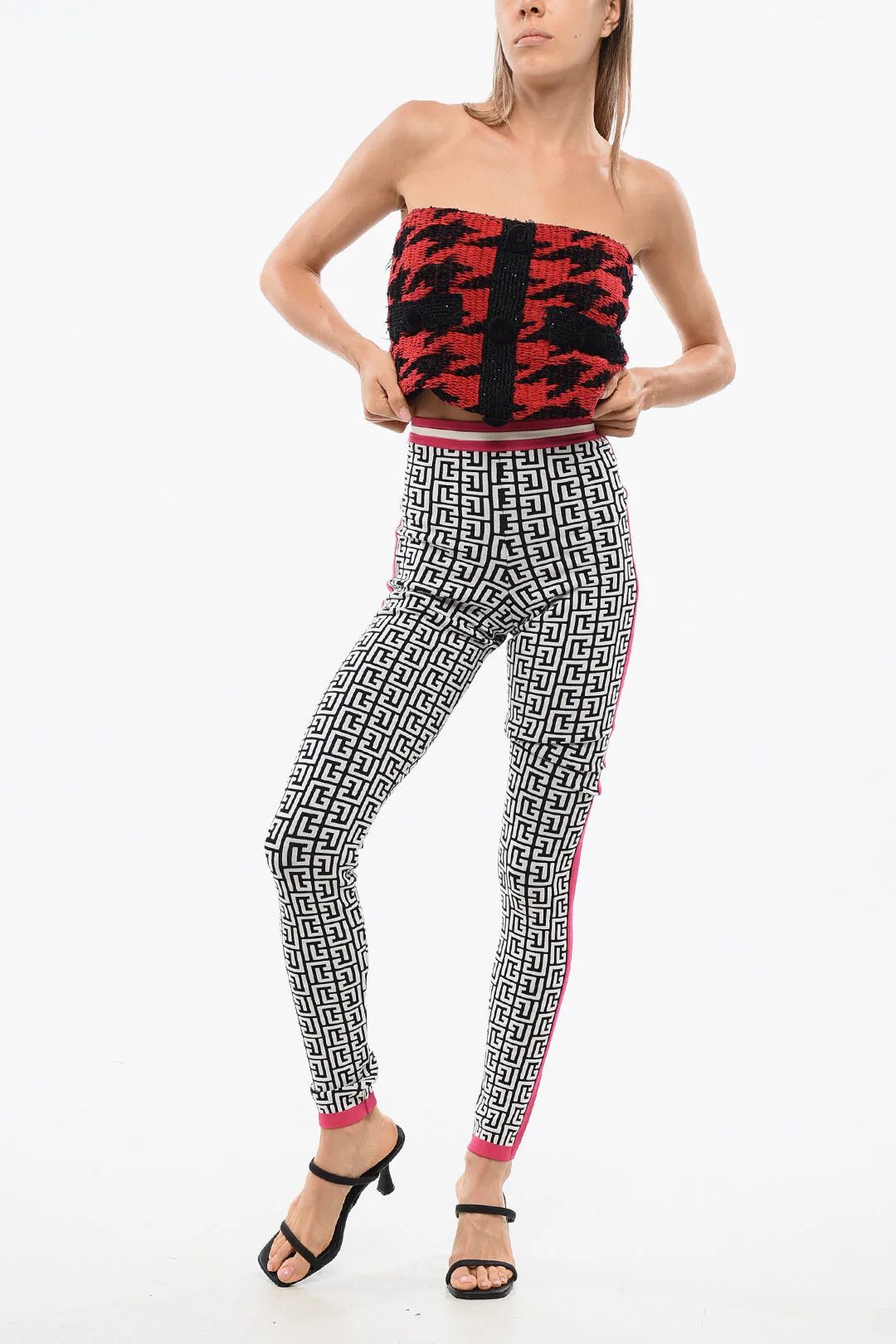 Balmain og1mm0326 Monogram Pattern Knit Leggings in White & Black Size 26" / US 2 / IT 38 - 4 Thumbnail