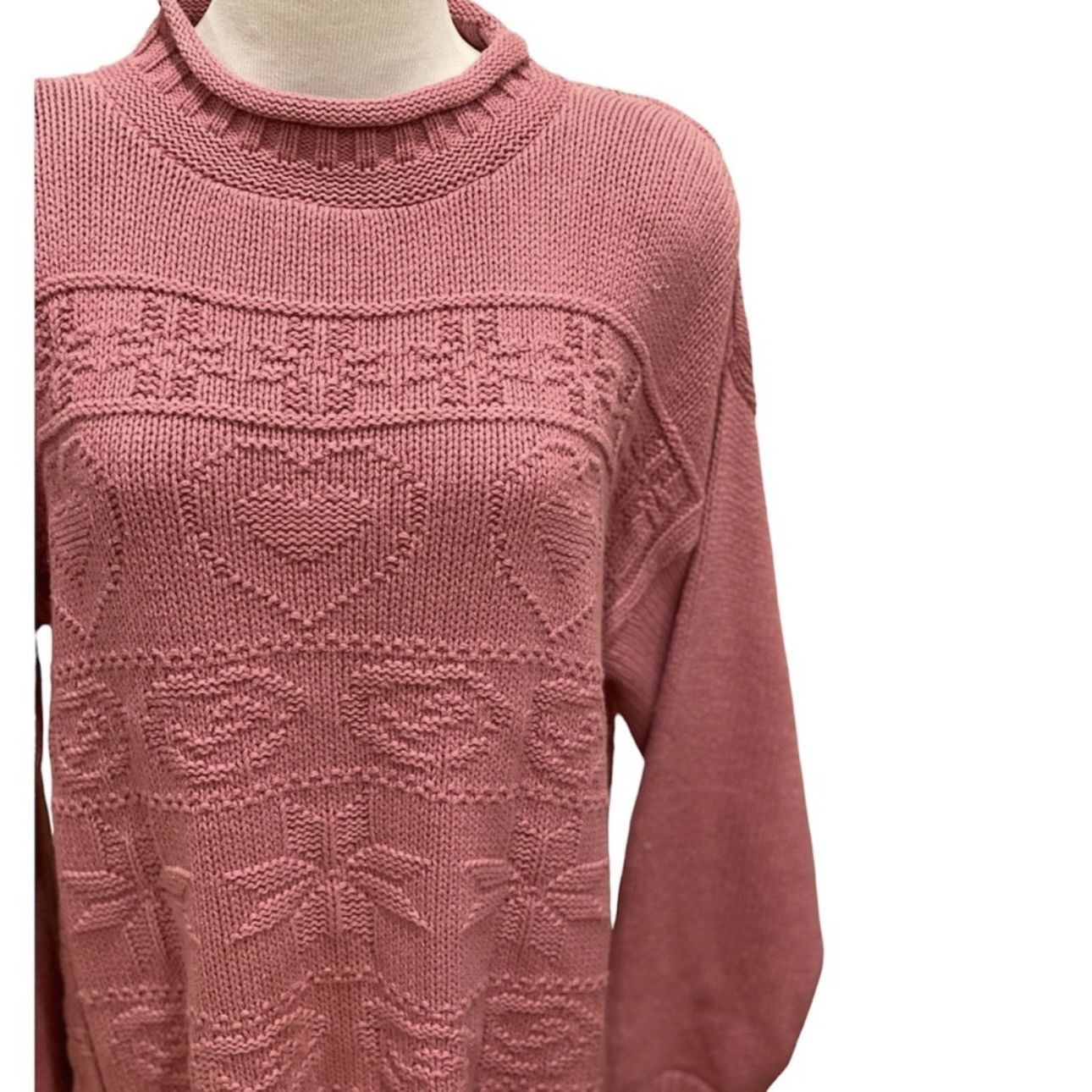 Vintage Vintage 90s Oversized Sweater Pink Hearts L Roll Neck Size L / US 10 / IT 46 - 2 Thumbnail