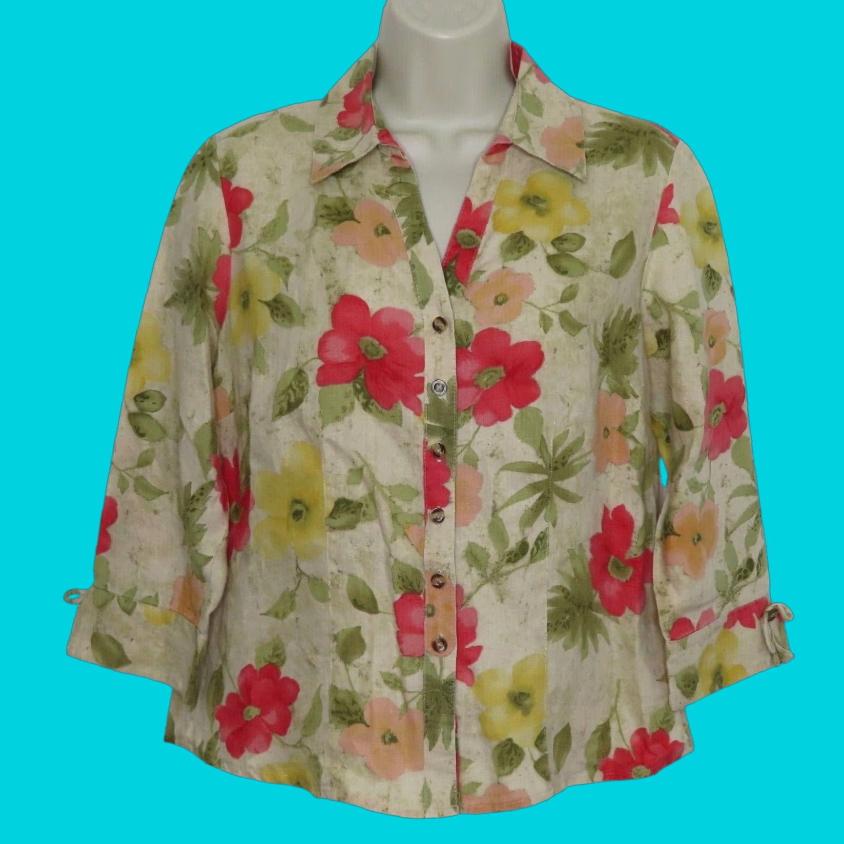 JM Collection JM Collection Women Petites 4P Linen Button Front Collared Floral Blouse Shirt 3/4 Sleeve Multicolor Size S / US 4 / IT 40 - 1 Thumbnail