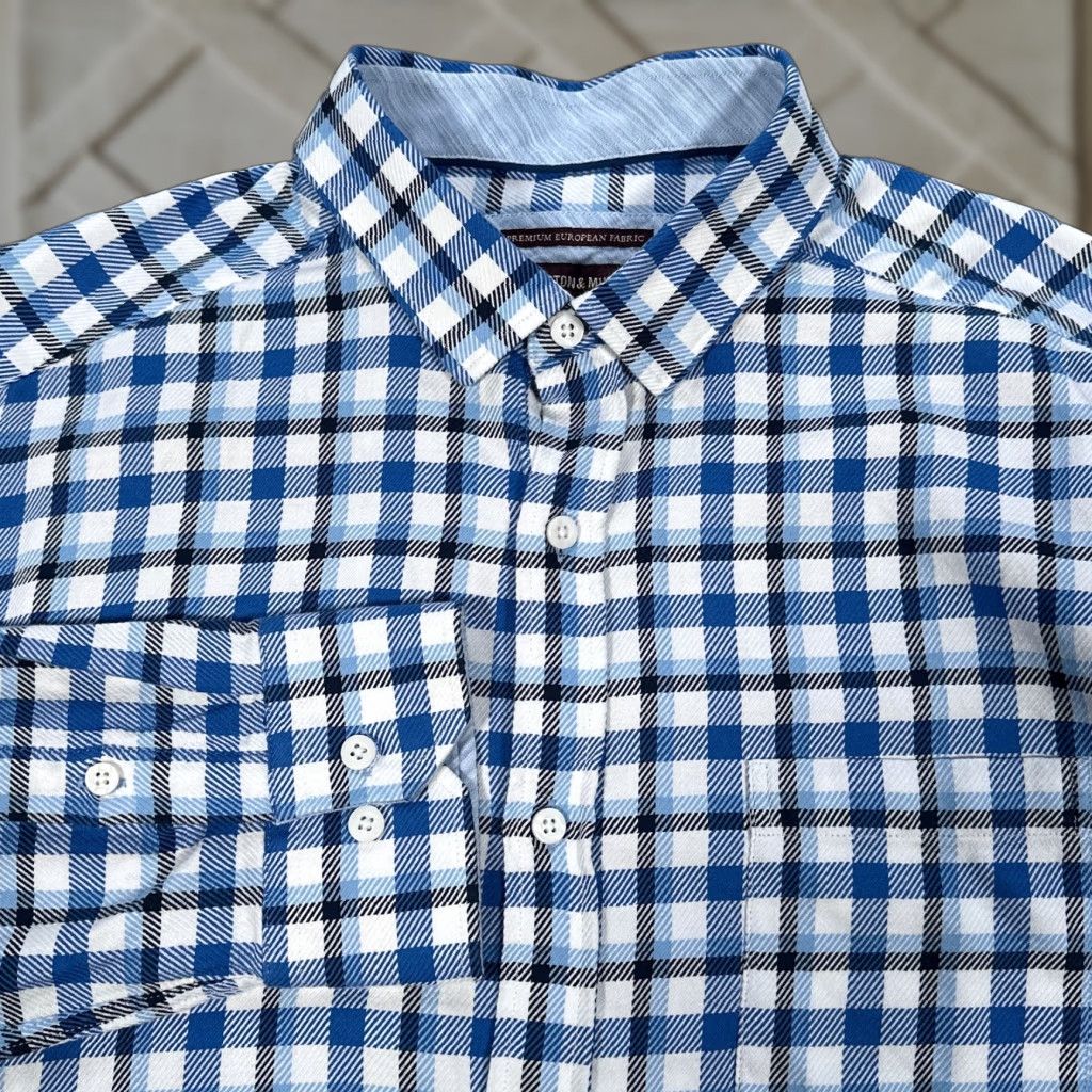 Johnston & Murphy Johnston & Murphy Button-Up Shirt Mens XL Blue White Gingham Check Cotton Twill Classic Casual Size US XL / EU 56 / 4 - 1 Thumbnail