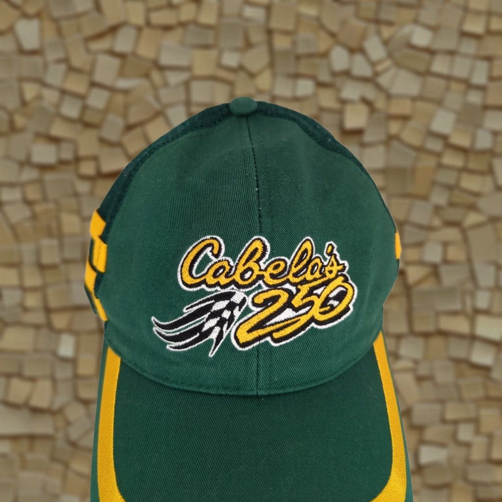 Vintage VINTAGE Cabela's 250 Embroidered Racing Snapback Hat Green Yellow Cap/Trucker Style Mens Adjustable Baseball Cap Size ONE SIZE - 1 Thumbnail