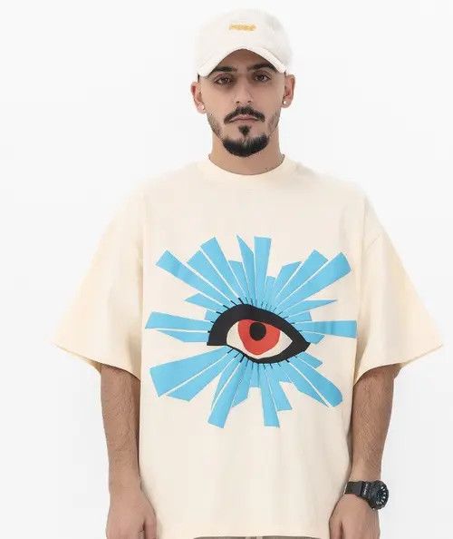 VIBE Beige retro washed trendy eye pattern tee Size US M / EU 48-50 / 2 - 7 Thumbnail