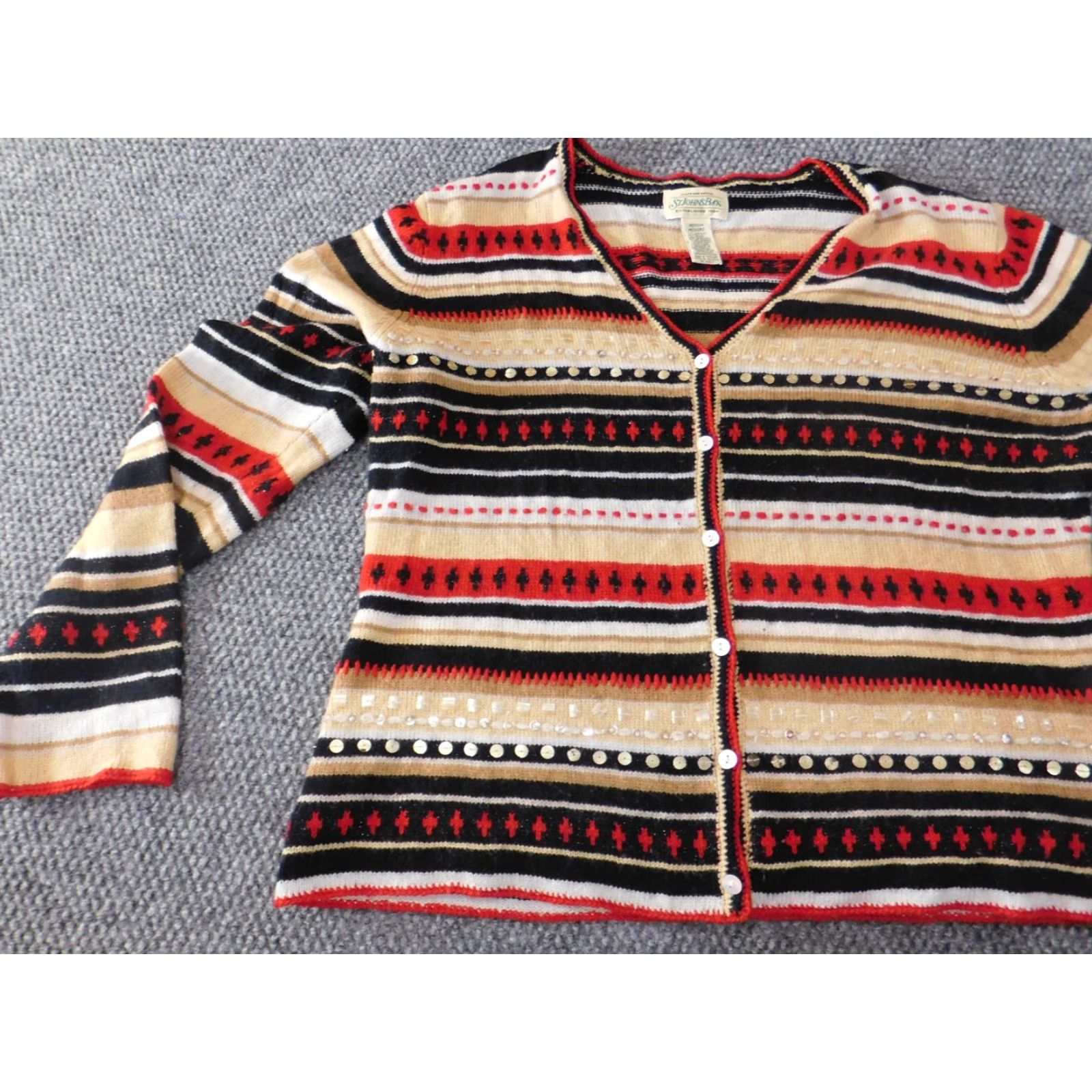 Vintage St.Johns Bay Sweater Womens Medium Beige Wool Striped Button Stretch Pullover Knit Vintage No Size M / US 6-8 / IT 42-44 - 3 Thumbnail