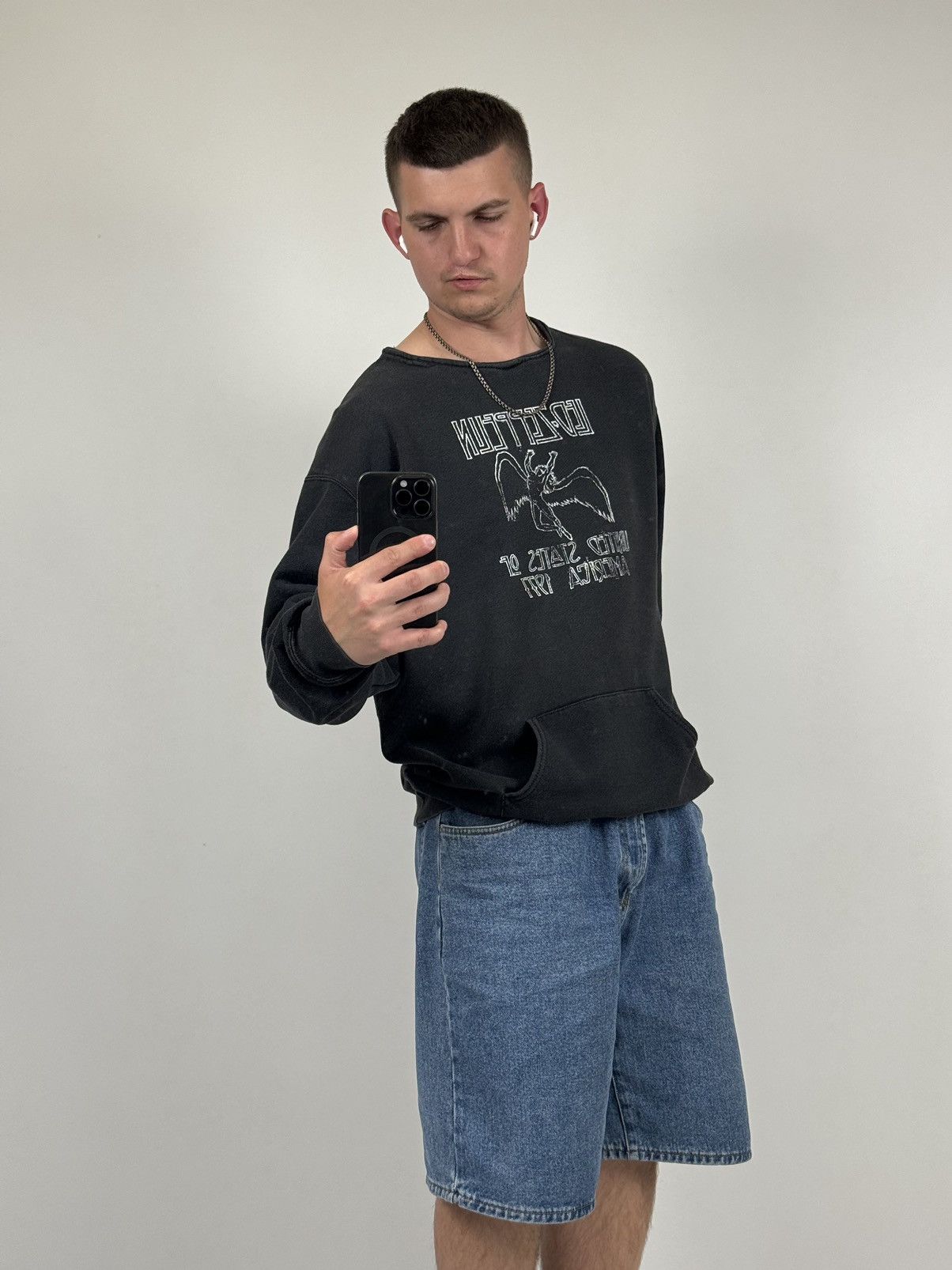 image of 1977 Led Zeppelin Tour Faded Graphite Sweatshirt in Graphite Black, Men's (Size Medium)