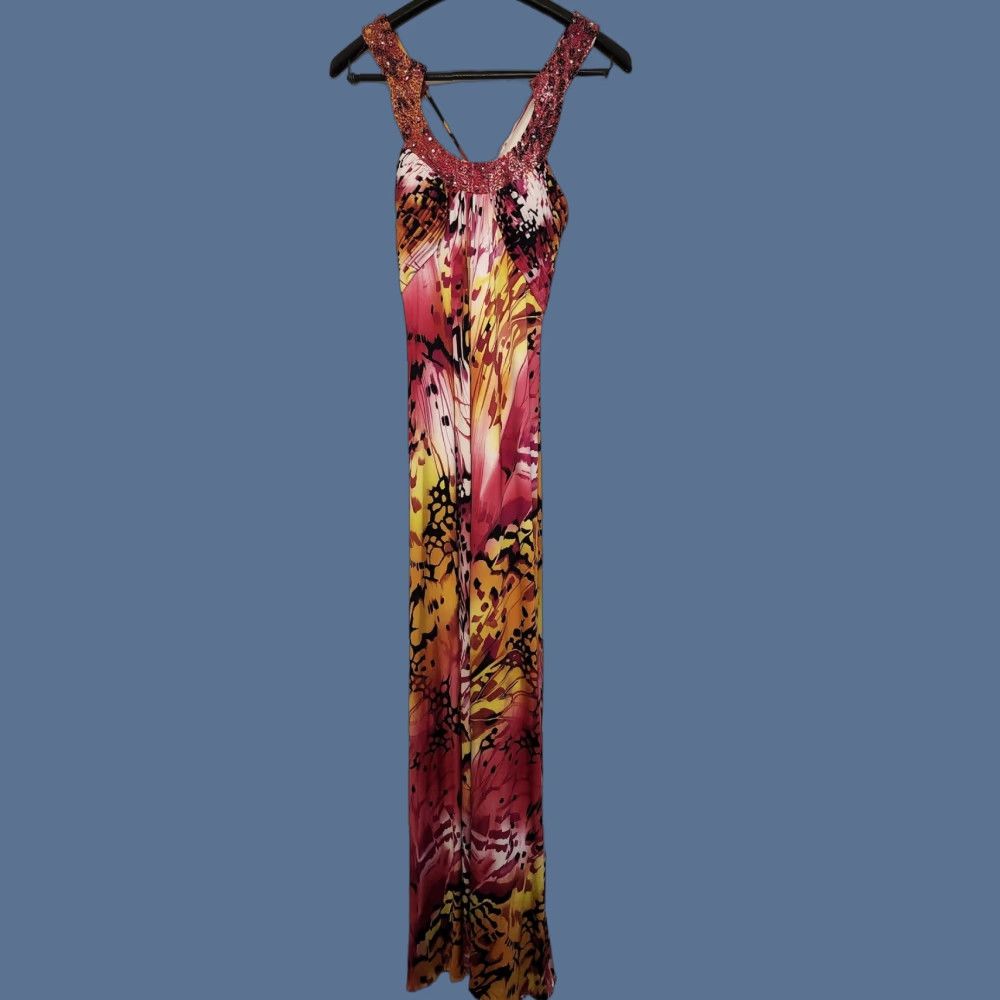 Vintage JS Boutique Dress Womens 10 Beaded Straps Pink Yellow Maxi Evening Formal Gown Size L / US 10 / IT 46 - 1 Thumbnail