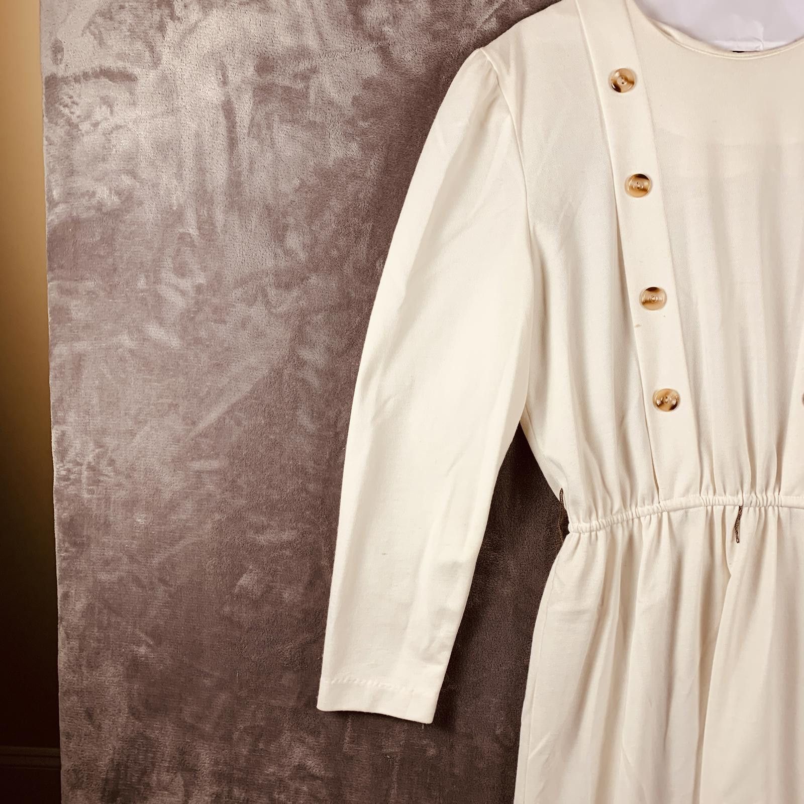 Designer Vintage Periwinkle Cream LS Wool Midi Dress w Button DTL 382 Size XL / US 12-14 / IT 48-50 - 3 Thumbnail