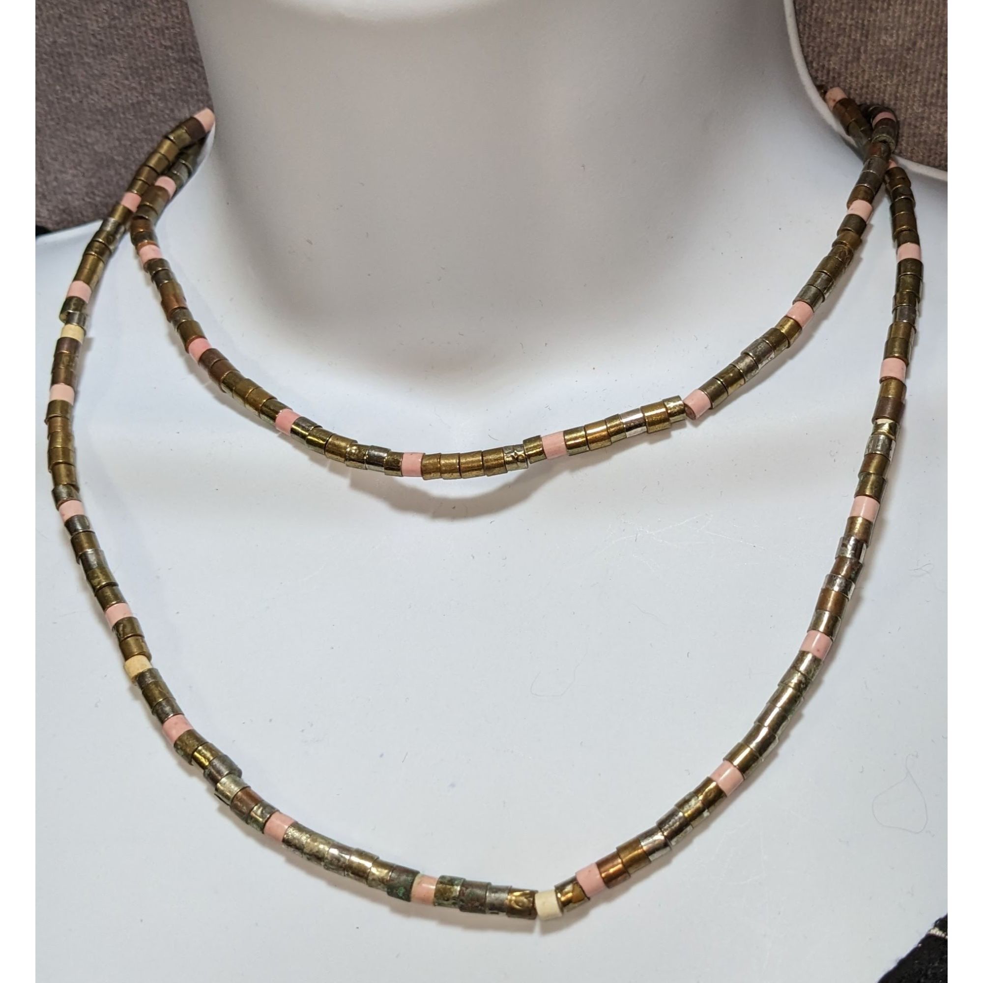 Other Vintage 34-Inch Brass & Pink Beaded Necklace With Cylindrica Size ONE SIZE - 5 Thumbnail
