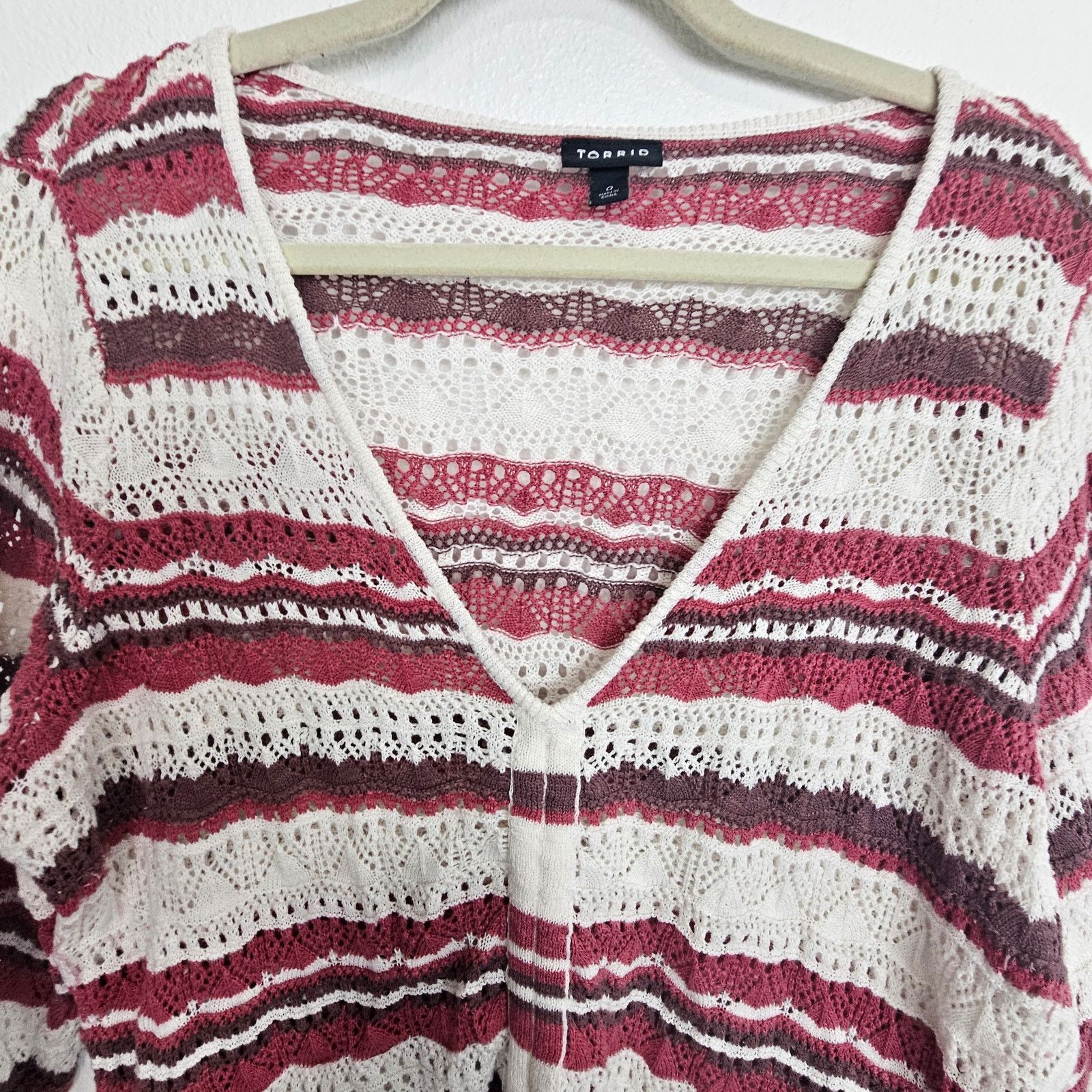 Corridor Torrid Sweater Pink White Striped Crochet Pullover Sweater 0 Size XS / US 0-2 / IT 36-38 - 2 Thumbnail