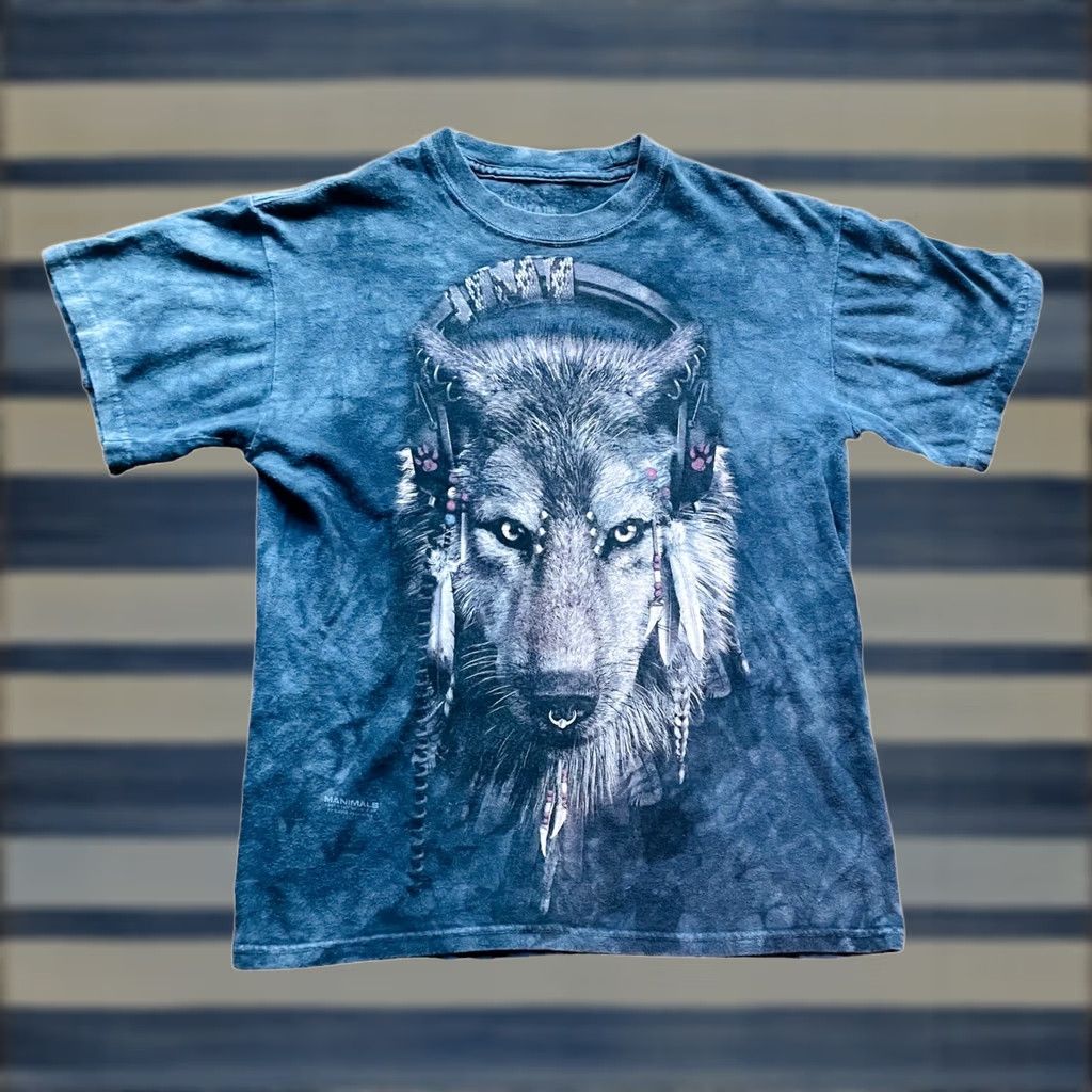 The Mountain The Mountain Women's Short Sleeve T-Shirt Wolf Wears Headphones Small Blue Tee Size S / US 4 / IT 40 - 1 Thumbnail
