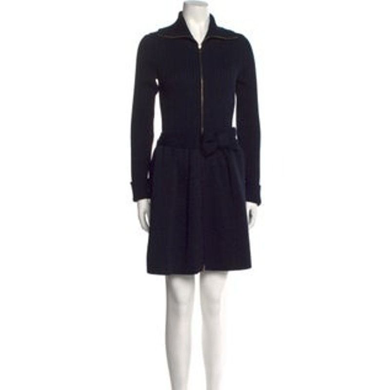 Red Valentino Navy Metallic Ribbed Knit Bow Sweater Dress