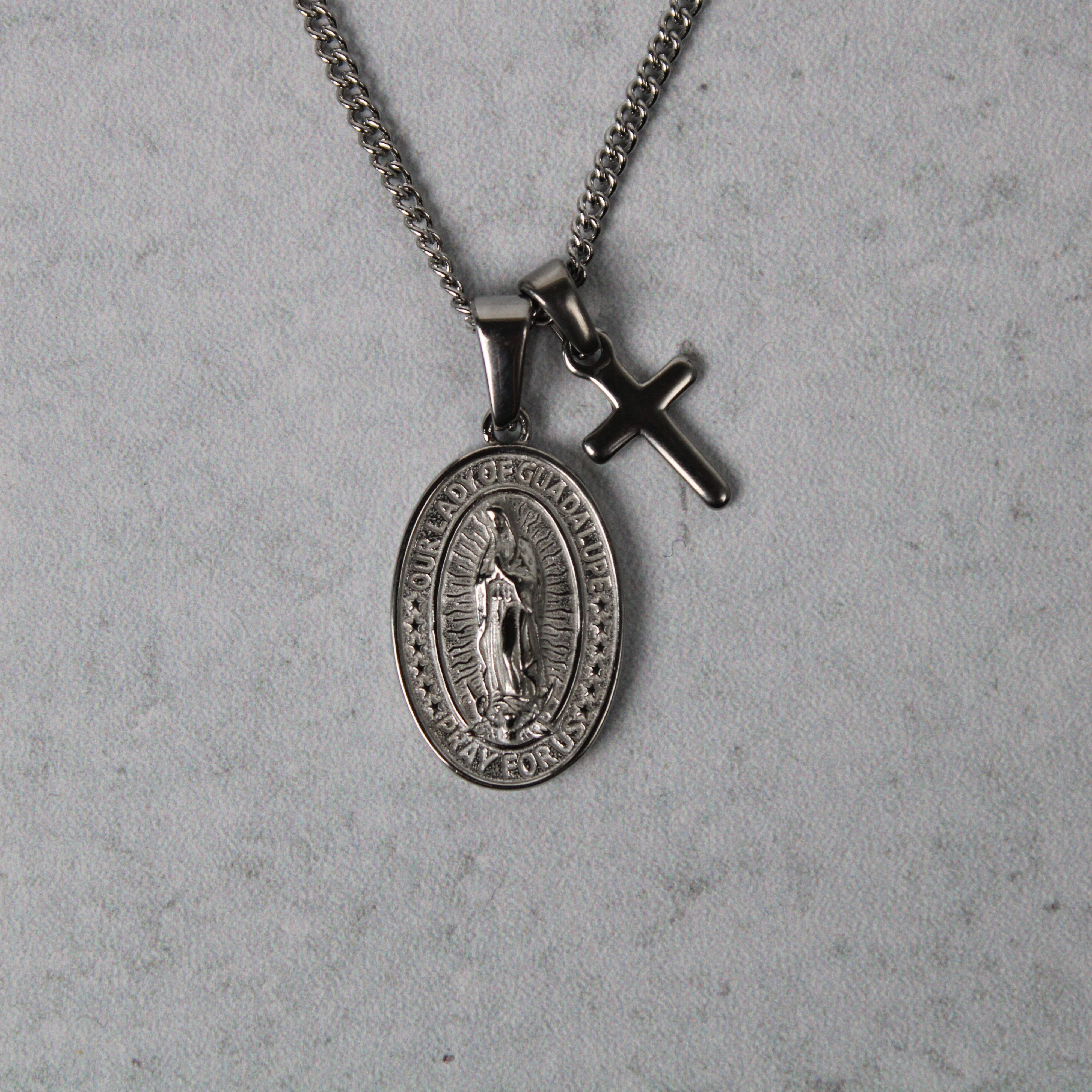 Jewelry Silver Lady of Guadalupe and Mini Cross Pendant Necklace Set Size ONE SIZE - 6 Thumbnail