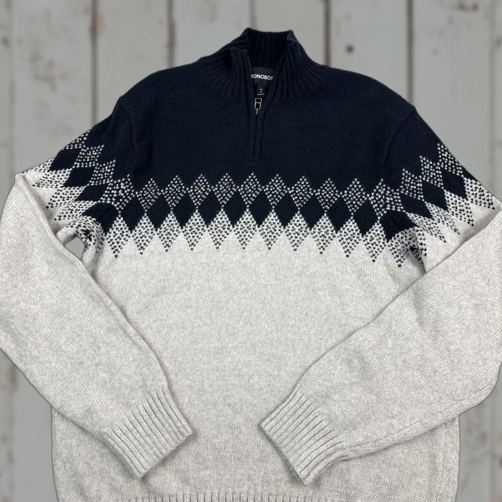 Bonobos Bonobos Sweater Men Medium Beige Fair Isle 1/4 Zip Slim Fit Pullover Cotton M Size US M / EU 48-50 / 2 - 1 Thumbnail