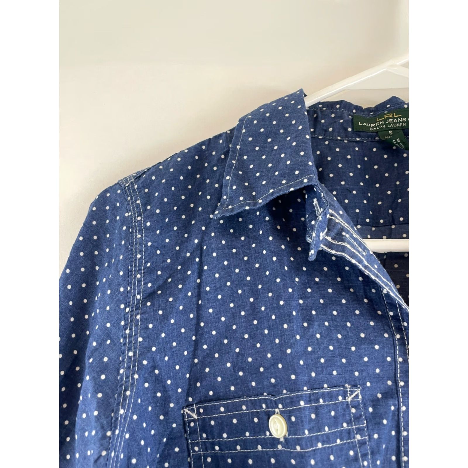 Vintage Lauren Jeans Co. Shirt Women’s S Blue White Polka Dots Patch Pocket Button Up Size S / US 4 / IT 40 - 4 Thumbnail