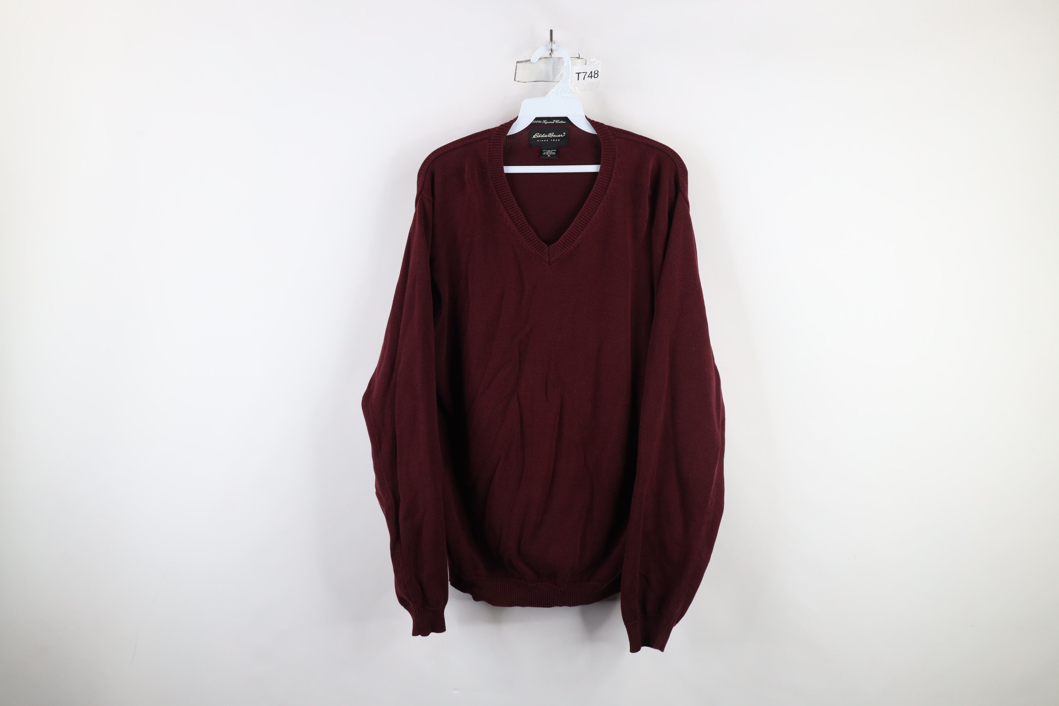 Eddie Bauer × Vintage Vintage 90s Eddie Bauer Cotton Knit V-Neck Sweater Burgundy Size US XL / EU 56 / 4 - 1 Thumbnail