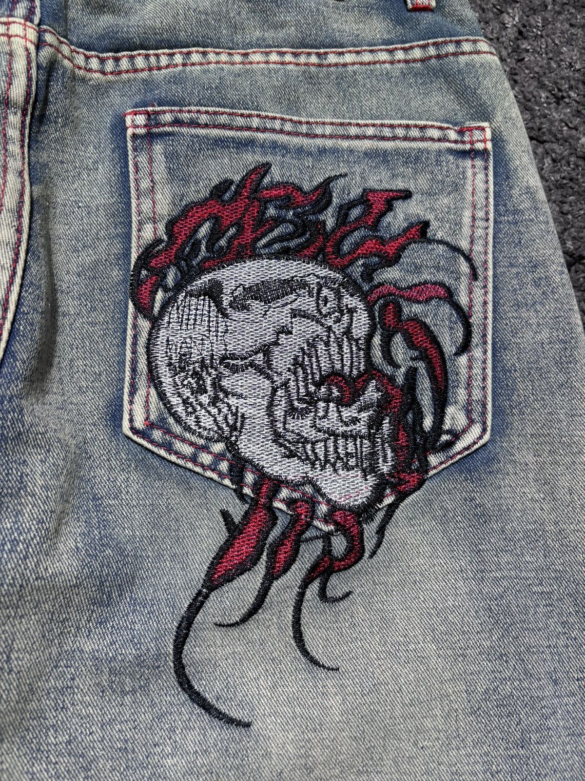 JNCO Vintage rare fire skulls embroidered gray blue baggy jeans Size US 33 - 9 Thumbnail