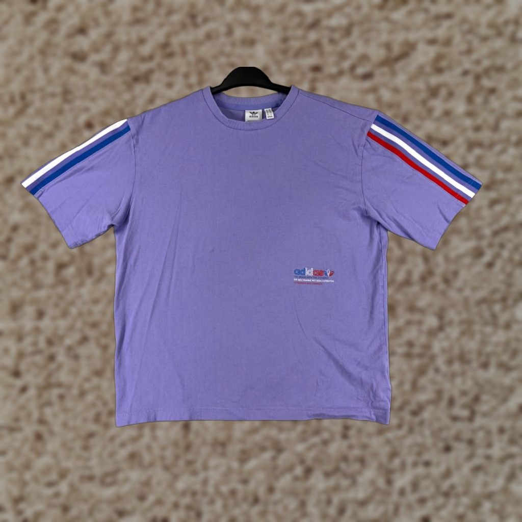 Adidas VINTAGE? No. Adidas Shirt Womens Small Purple Oversize Spellout Trefoil 100% Cotton 3 Stripe Size S / US 4 / IT 40 - 1 Thumbnail